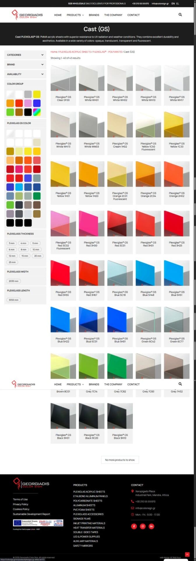 Georgiadis Color Sign (colorsign.gr) — advanced colour-group and exact-shade filters on the Plexiglas Cast GS category